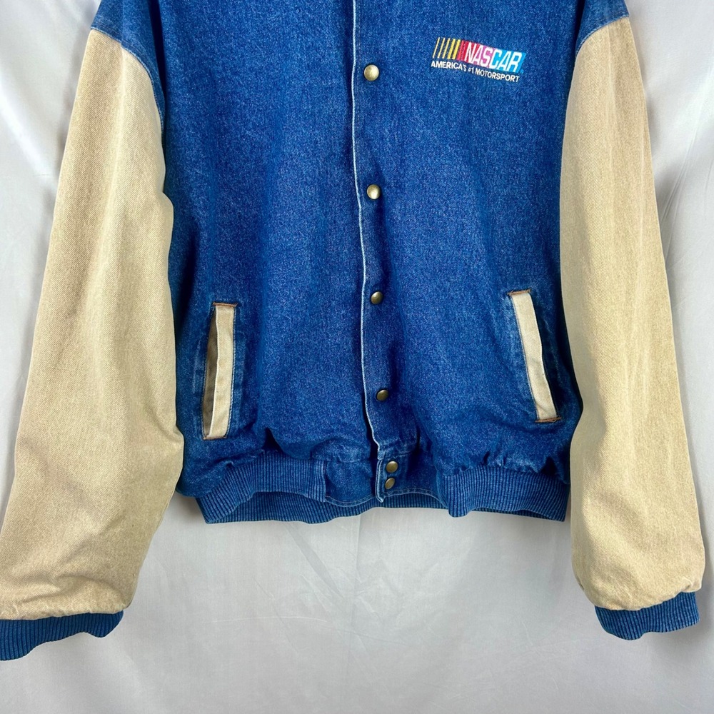 Vintage 90s NASCAR Three Rivers Denim Varsity Jacket Men Large Blue Tan USA Made - Picture 7 of 13